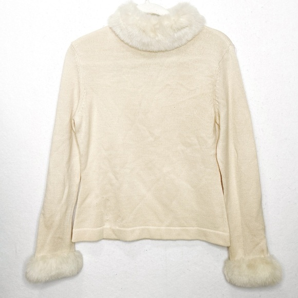 Vintage Sweaters - 111 State Vintage Y2K 100% Wool Sweater Faux Mink Fur Cuffs  Cream Size Medium